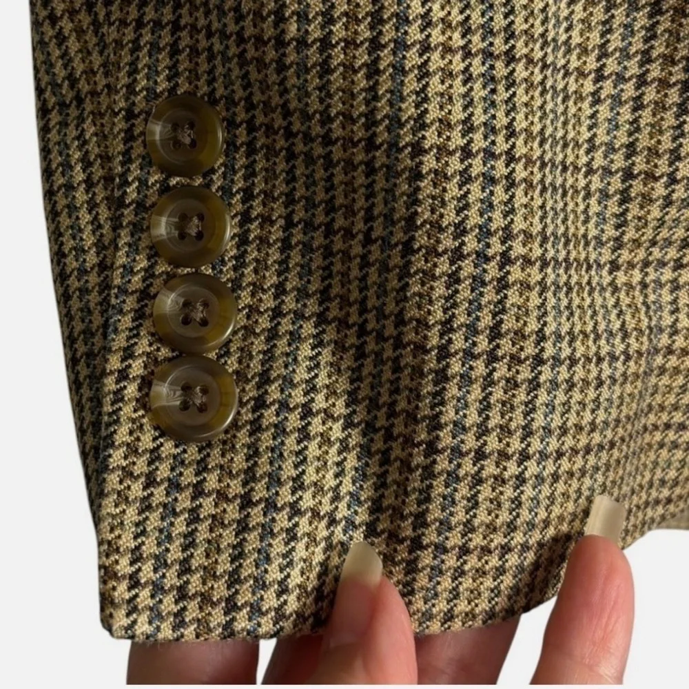Chaps 100% Silk Blazer Men's 48L Tan Blue Brown Houndstooth Jacket Sport Coat